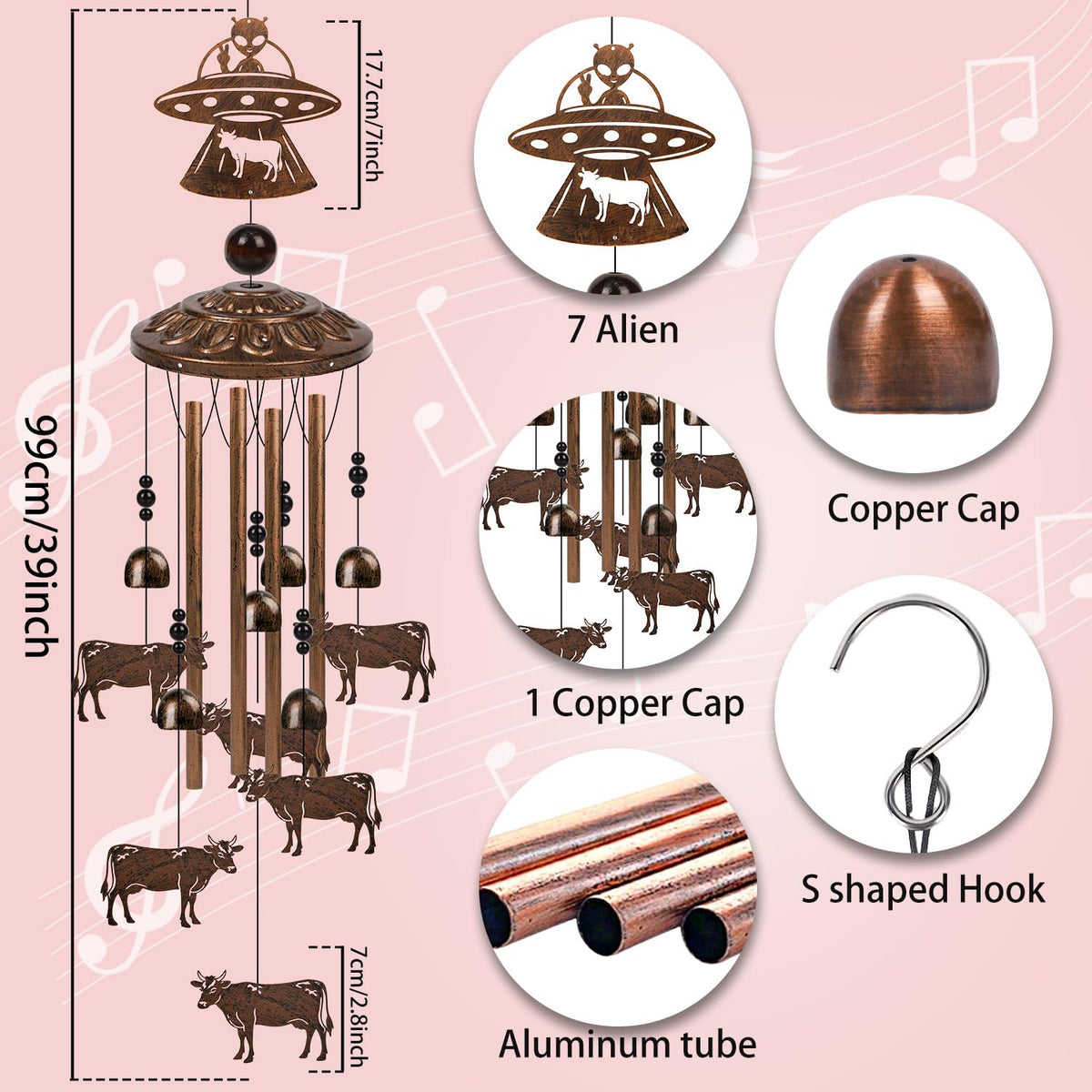 Luvsweets aliens wind chime hanging in yard for tranquil ambiance.