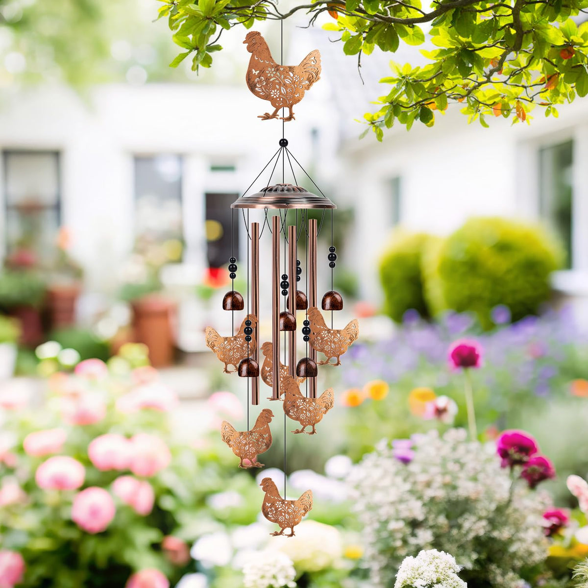 Luvsweets chicken wind chime floral cutout detail enhances porch decor