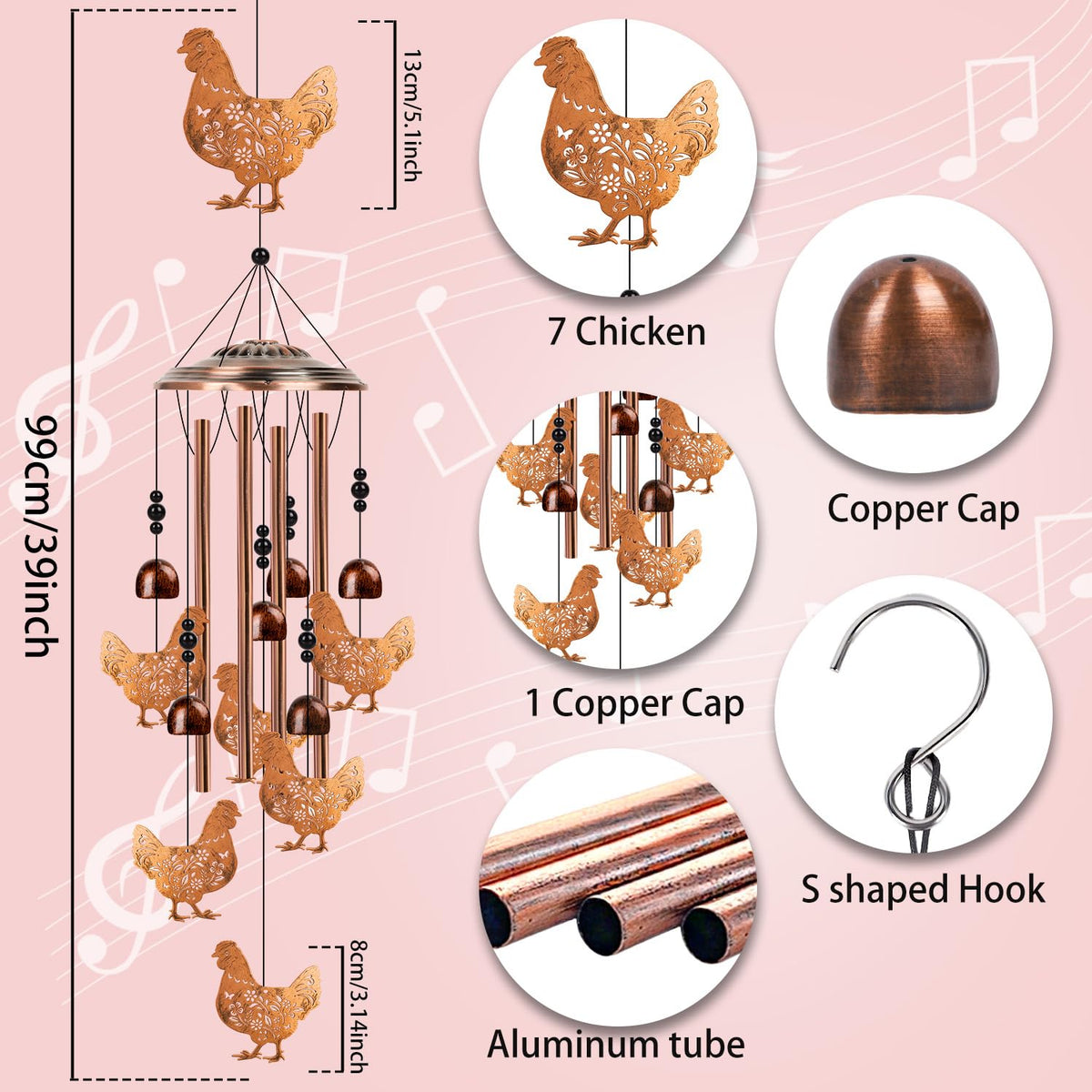 Luvsweets chicken wind chime nylon rope hanging ensures durable outdoor use
