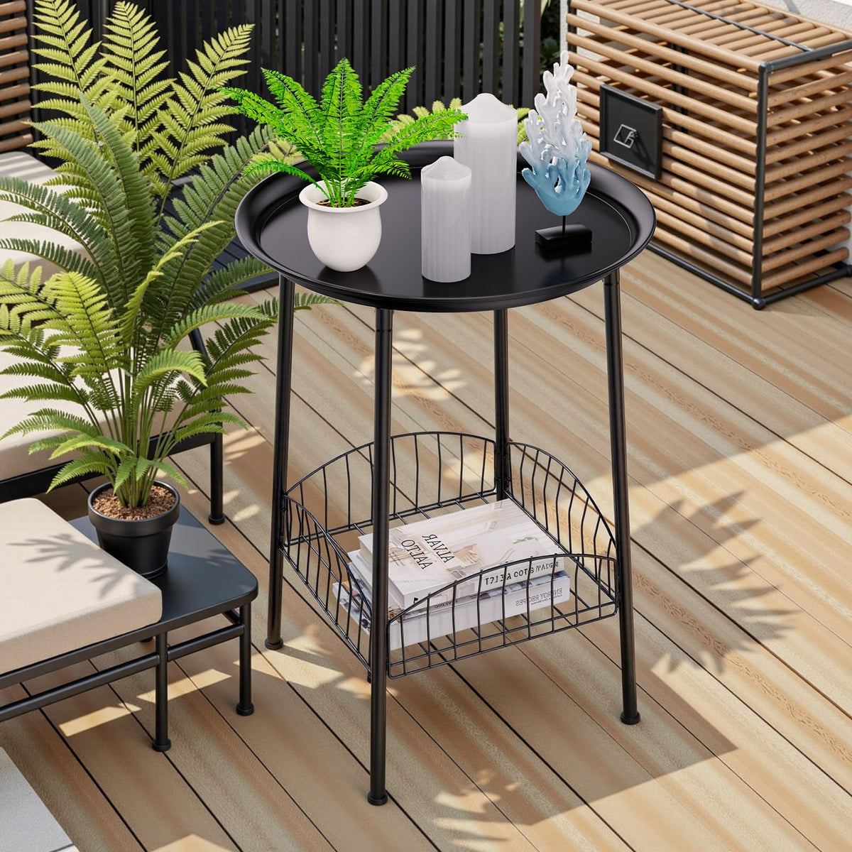 Luwesde round table with mesh basket below for magazines and tools.