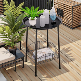 Luwesde round table with mesh basket below for magazines and tools.