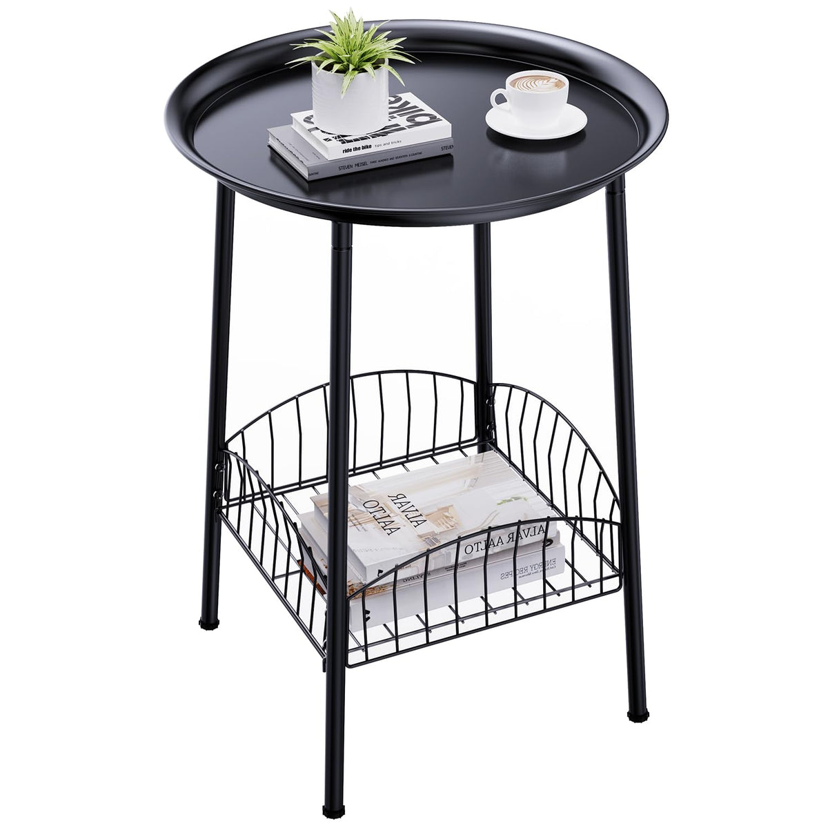 Luwesde small outdoor side table with two-tier round top for drinks and plants.