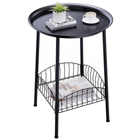 Luwesde small outdoor side table with two-tier round top for drinks and plants.