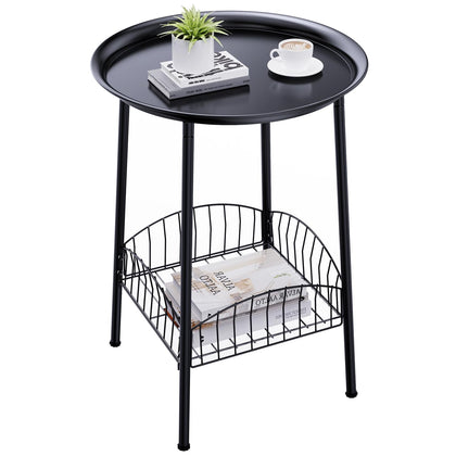 Luwesde small outdoor side table with two-tier round top for drinks and plants.
