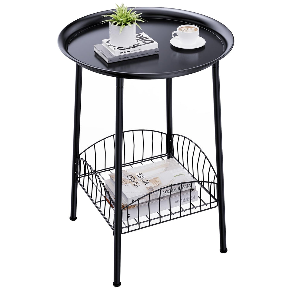 Luwesde small outdoor side table with two-tier round top for drinks and plants.