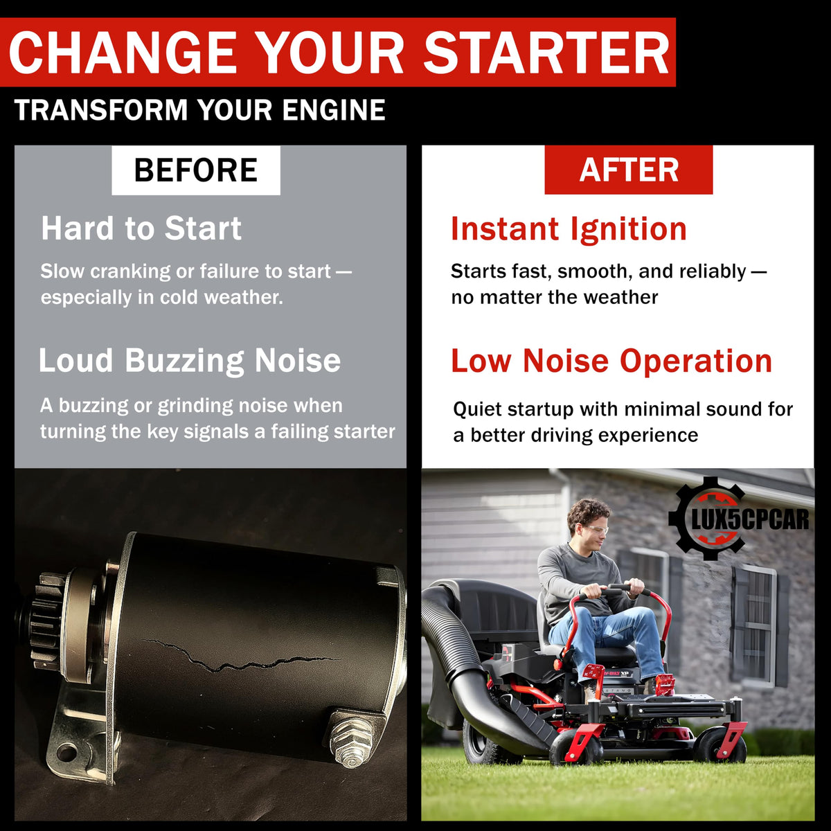 LUX5CPCAR gear 16-tooth focus ensures compatible engagement with Briggs & Stratton and John Deere starters.