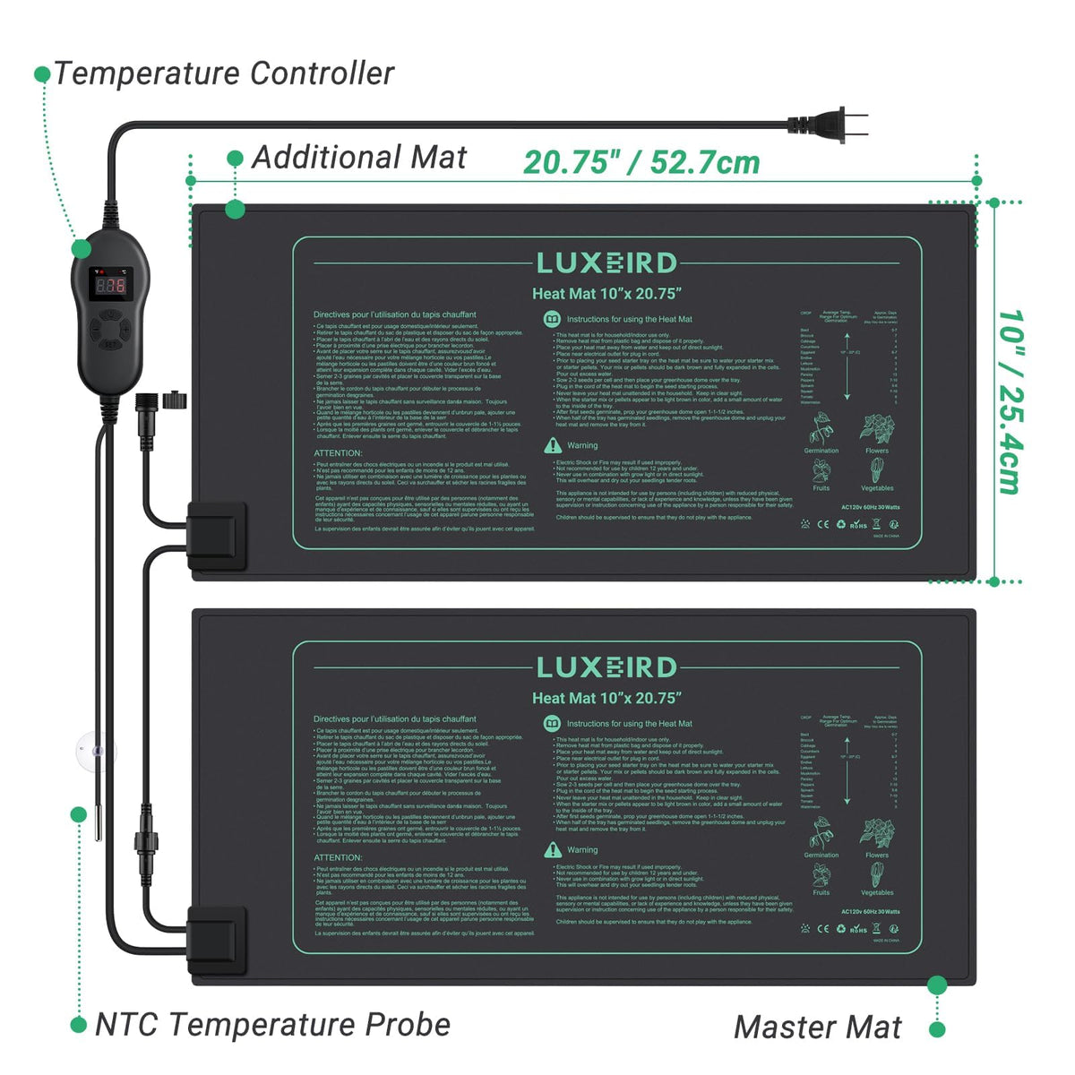 Luxbird system in a greenhouse setup delivering even heat for seedlings.