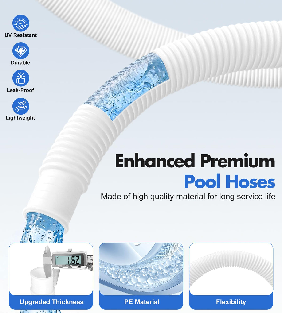 LuxBlue hose close-up showing 1.25-inch diameter and flexible connect