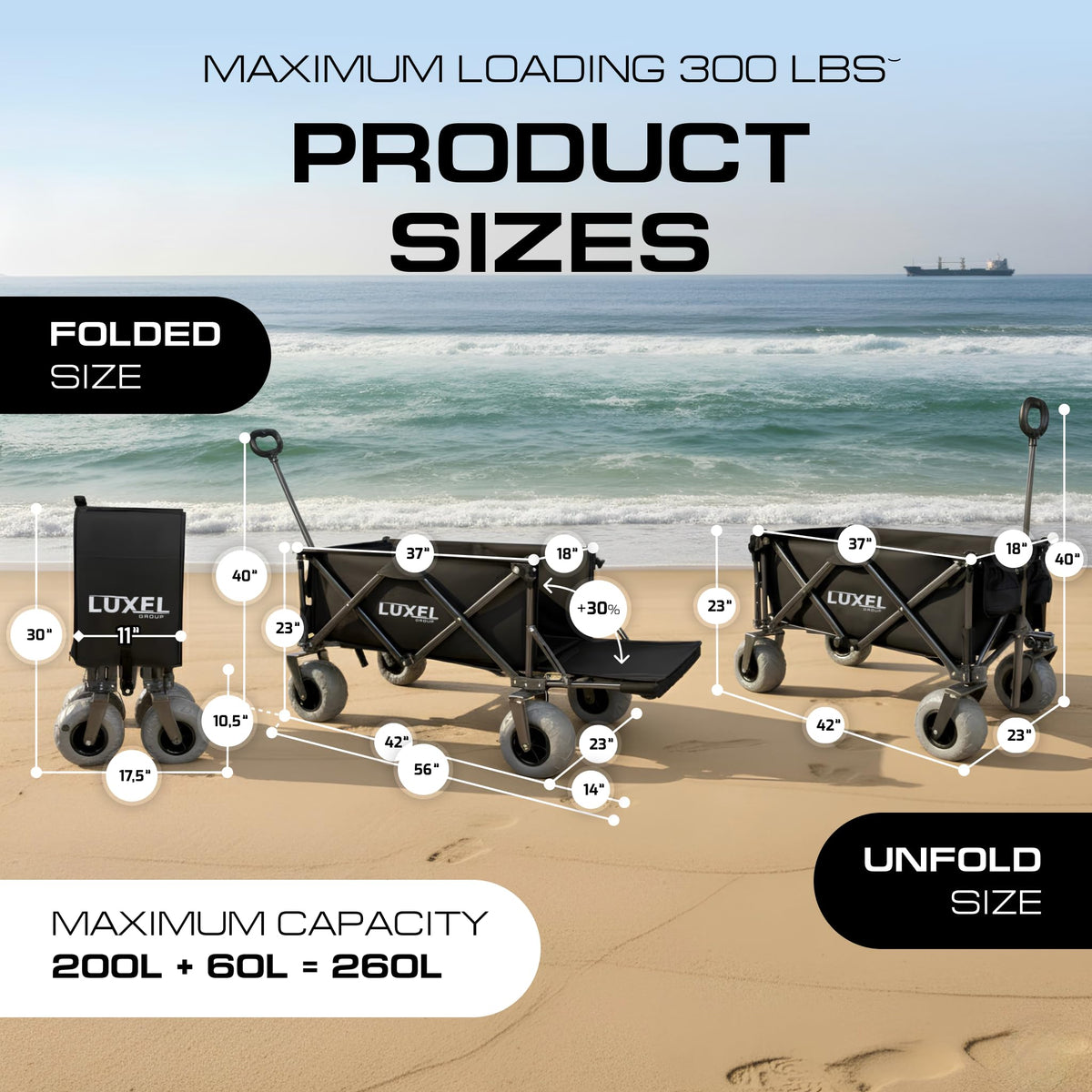 Luxel All-Terrain 9in pneumatic wheels provide stable rides on grass, gravel, and pavement