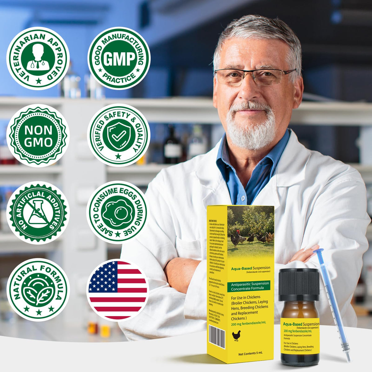 LuxeVib Dewormer Liquid label highlights clear usage, dosing, and storage instructions.