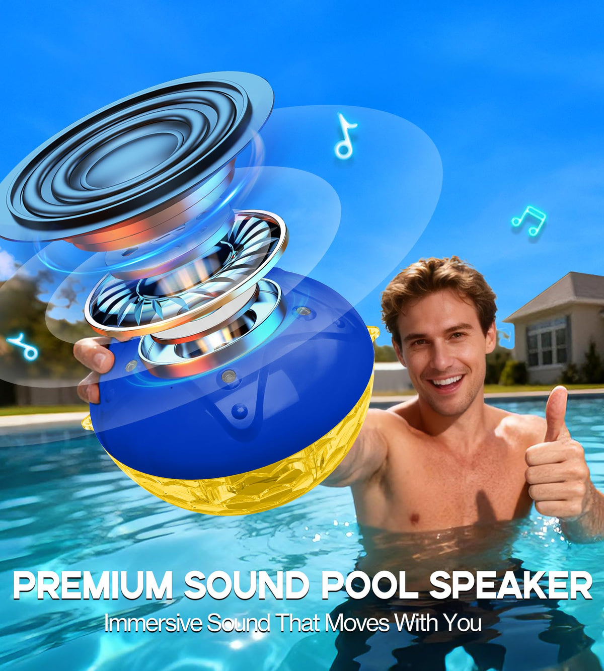 Luxfero floating pool fountain with LED modes enhances nighttime ambiance.