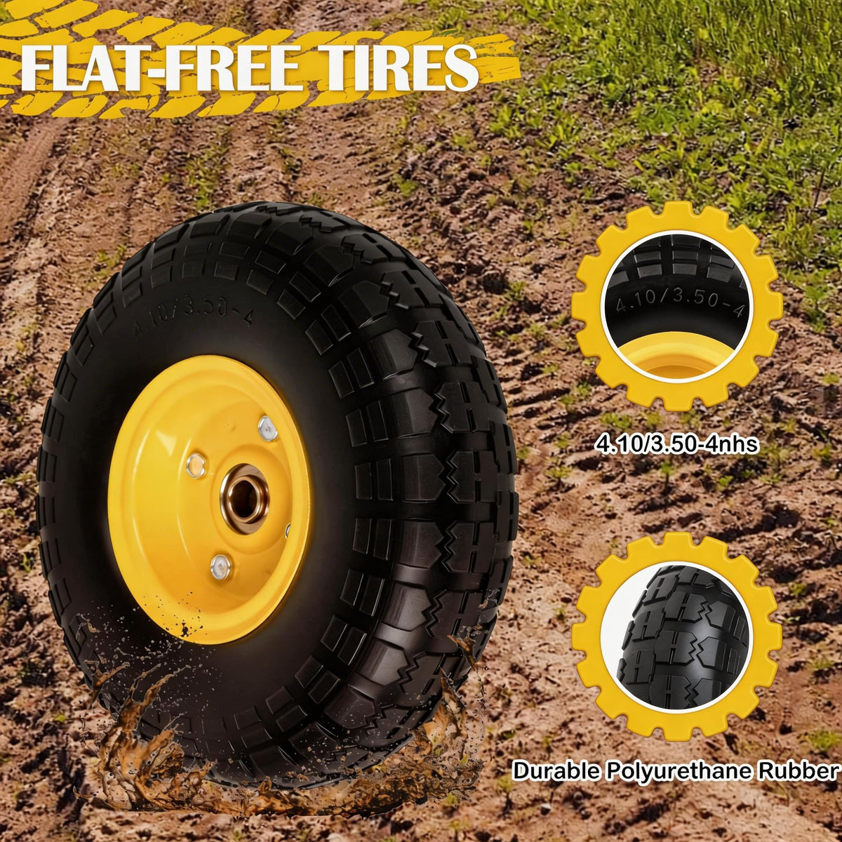 Luxlead flat-free wheel demonstrates deep serrated tread for all-terrain grip.