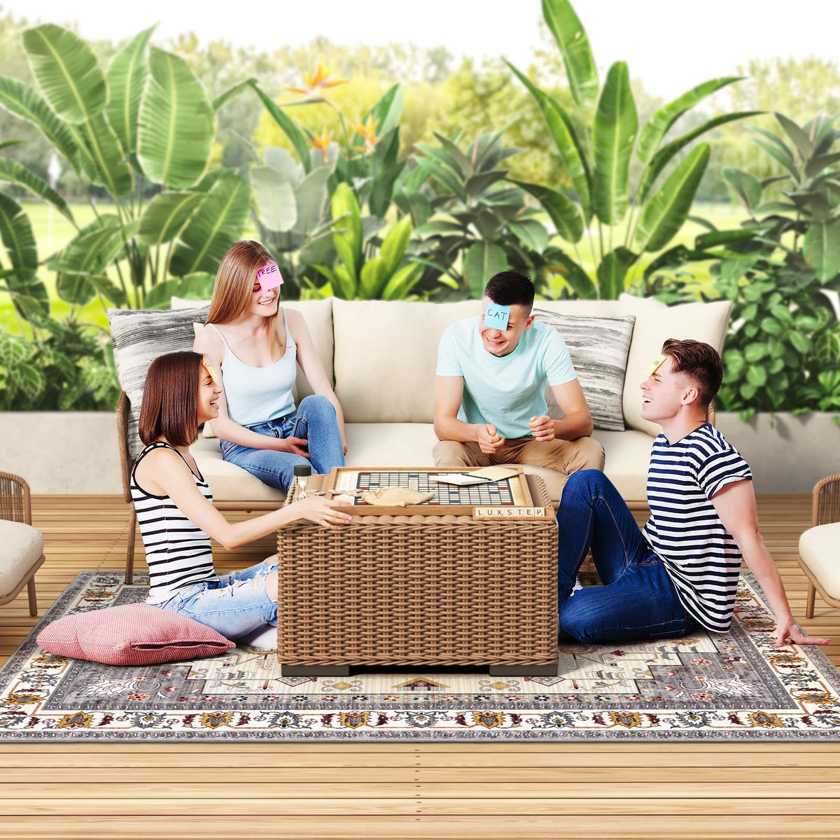 LuxStep rug laid on the porch demonstrates dining-area versatility.
