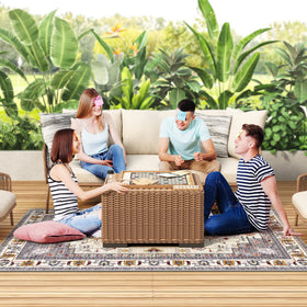 LuxStep rug laid on the porch demonstrates dining-area versatility.