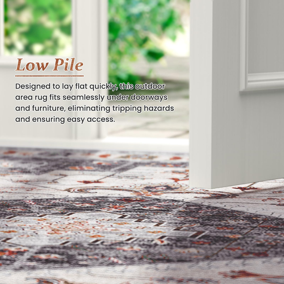 LuxStep ultra-thin rug under a door shows flat-lay design for easy passage.