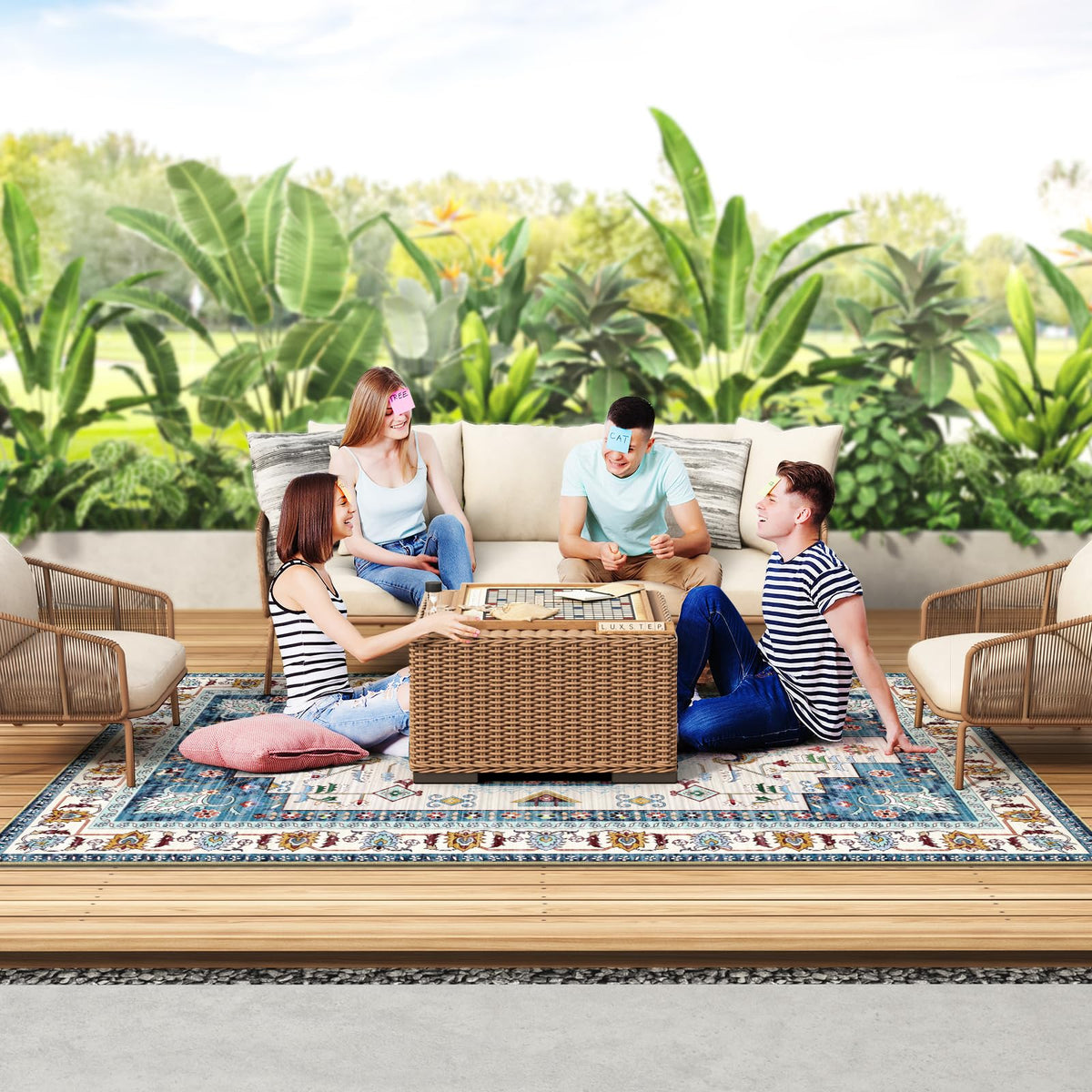 LuxStep patio dining area rug enhances alfresco meals.