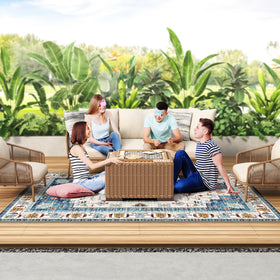 LuxStep patio dining area rug enhances alfresco meals.