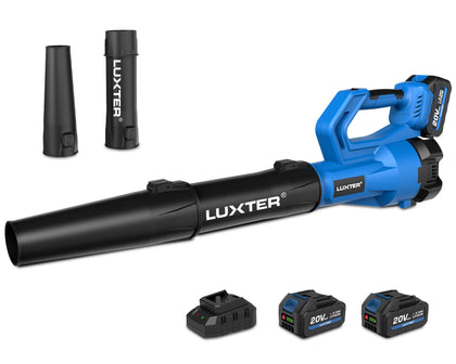 LUXTER cordless leaf blower profile showing the 27,000 RPM brushless motor for powerful airflow.