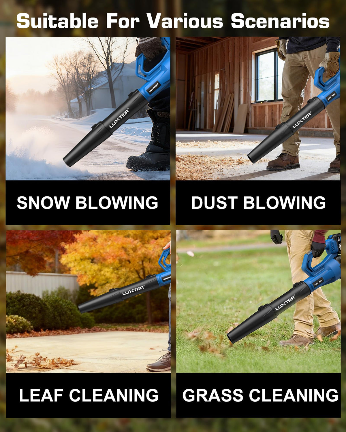 Ergonomic handle on the LUXTER blower to reduce arm fatigue.