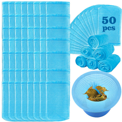 LUYI 50-pack blue pool skimmer socks for debris capture in skimmer baskets.
