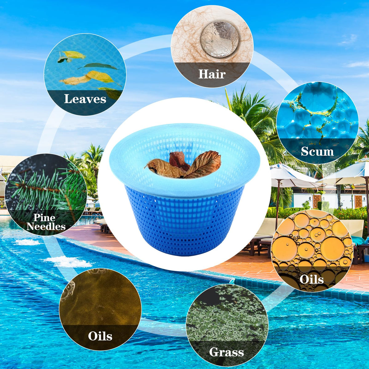 LUYI blue mesh pool skimmer socks catch leaves and pollen, protecting the filter.