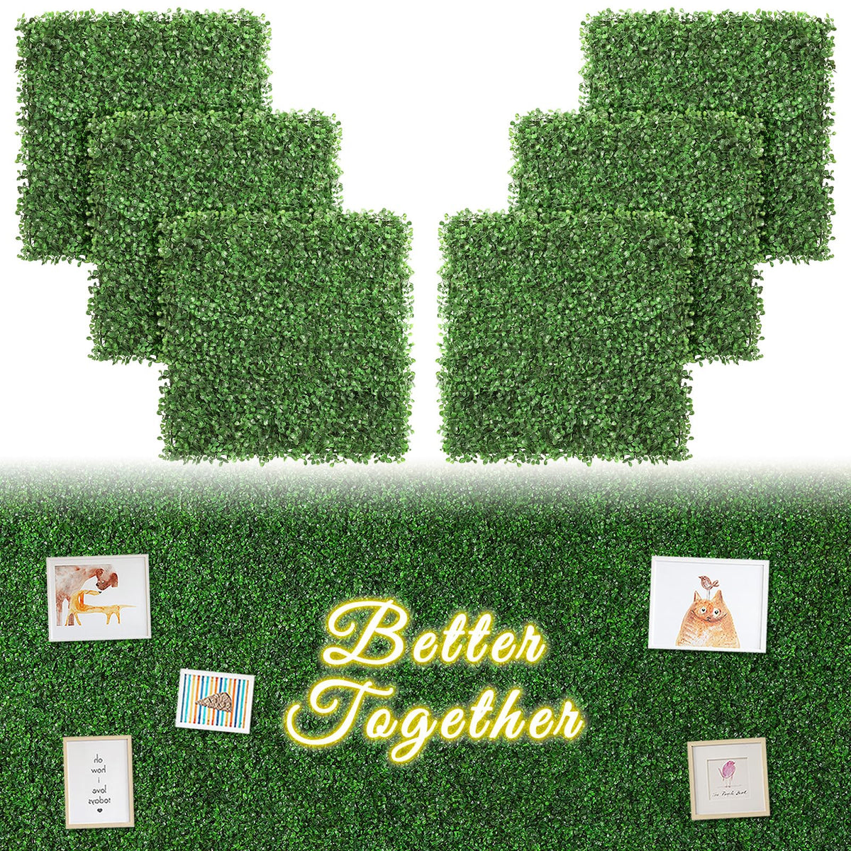 Luyue boxwood grass panel full assembly demonstrates modular privacy screen for patios