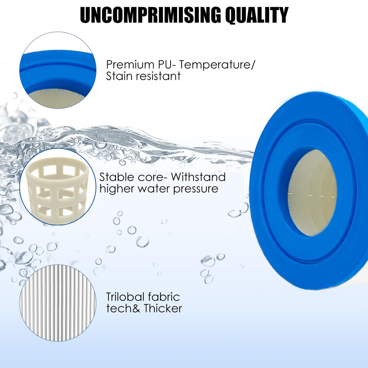 Compact LVJUSEN PRB50-IN filter beside spa interior shows durability and longevity.