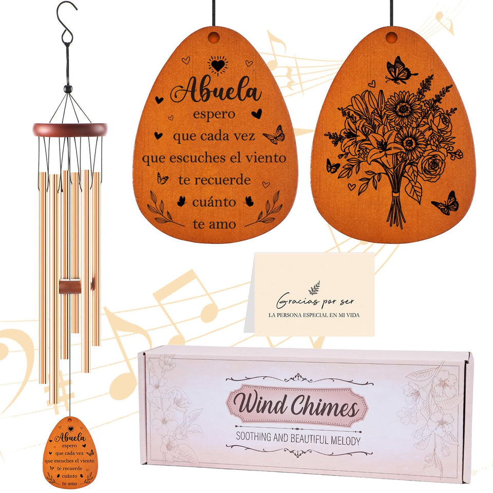 Luvsweets Abuela wind chimes outdoors, 26-inch design creates calming melodies.