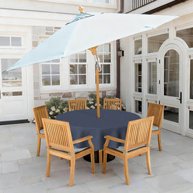 LVTXIII 60-inch round tablecloth is water-repellent for spill protection outdoors.