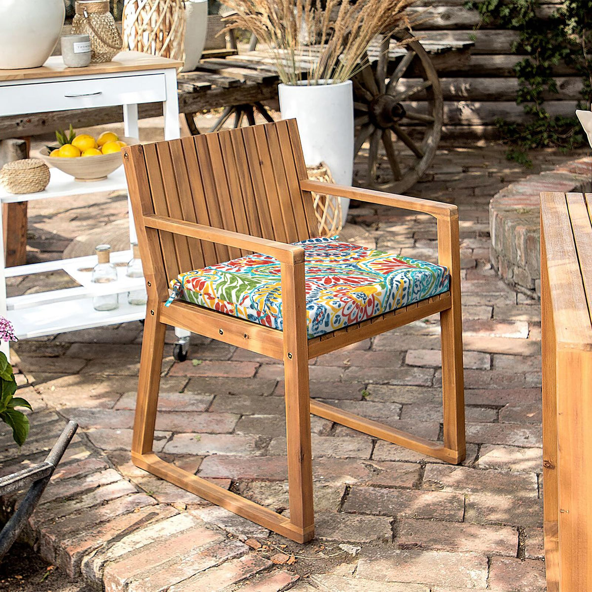 All-weather LVTXIII outdoor cushions displayed on a seating set