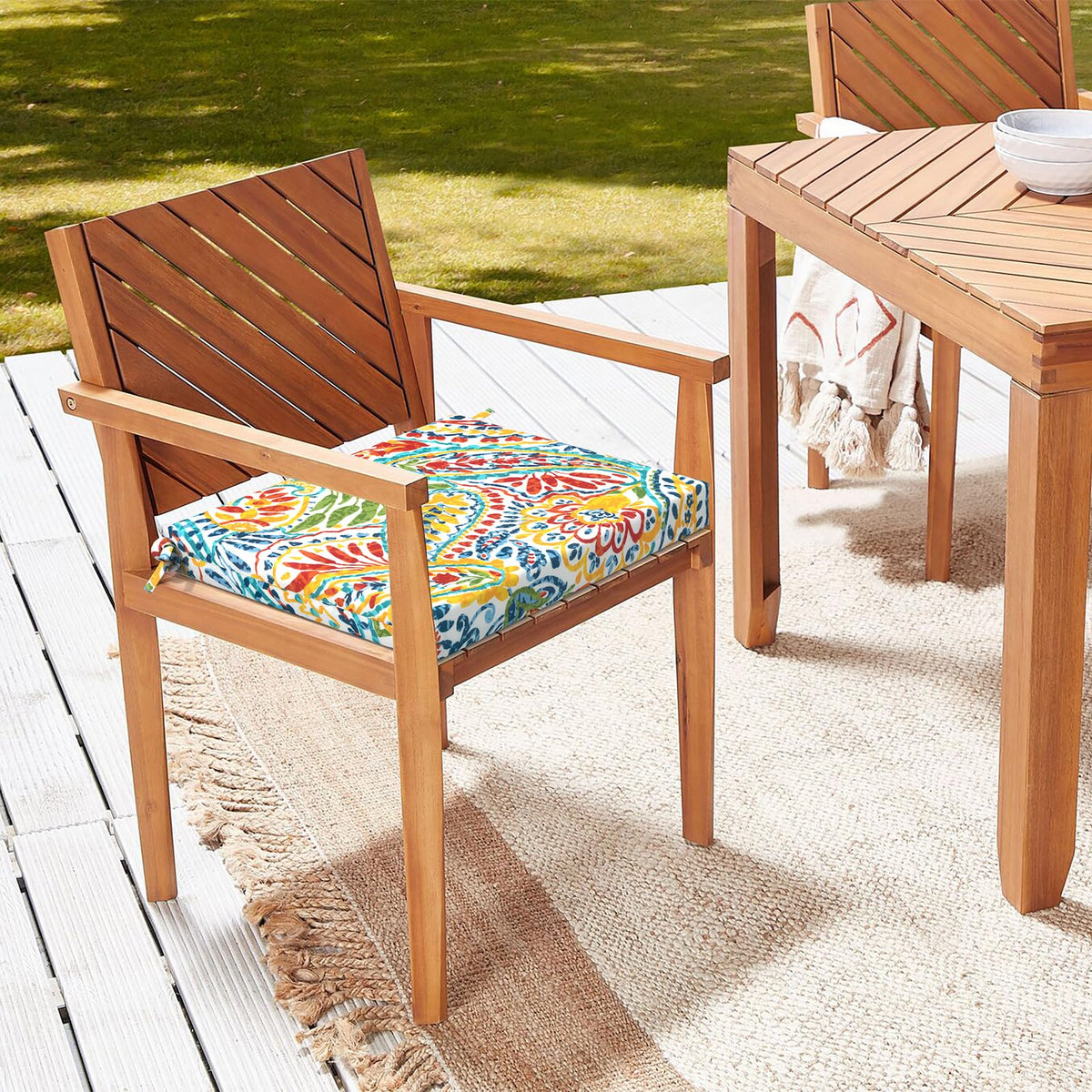 Cushions secured with ties on dining chairs for stable seating