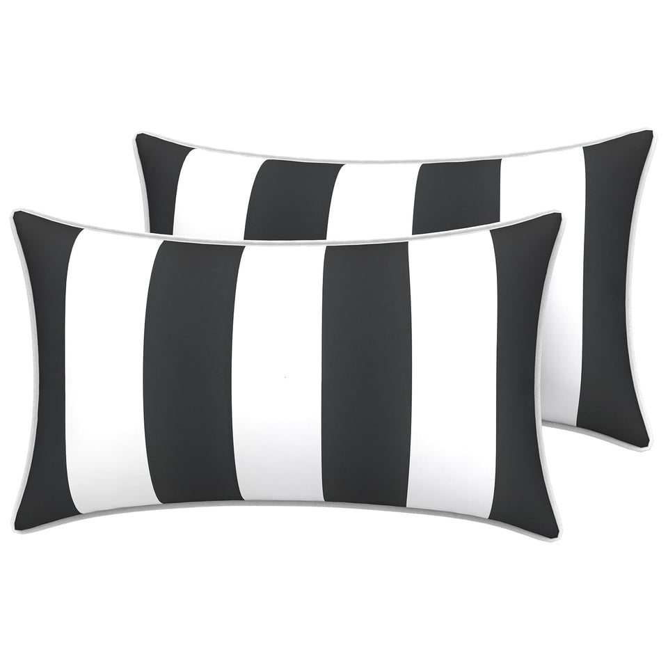 LVTXIII outdoor lumbar pillow cover with black piping for a refined look.