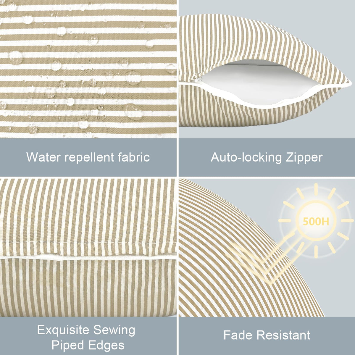 LVTXIII outdoor pillow cover on a patio decor setup with strip beige design