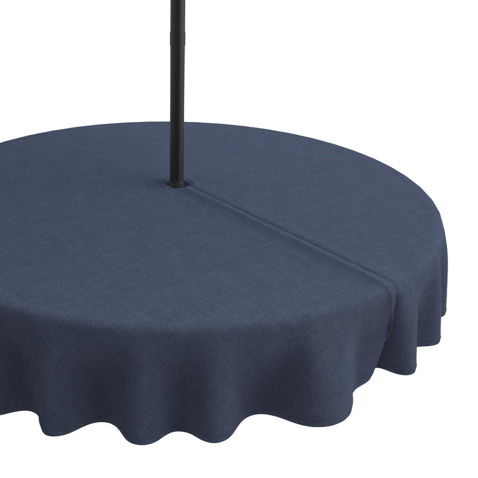 LVTXIII outdoor tablecloth featuring umbrella hole and zipper for quick umbrella access.