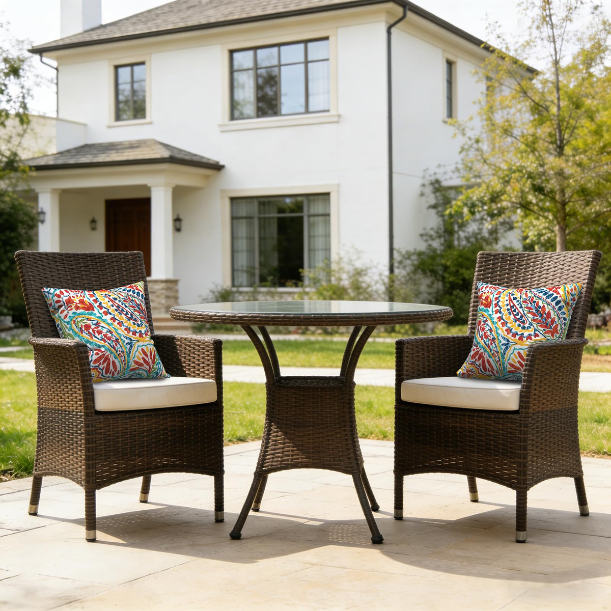 LVTXIII paisley multi outdoor pillow showcases fade-resistant fabric for sunlit patios.