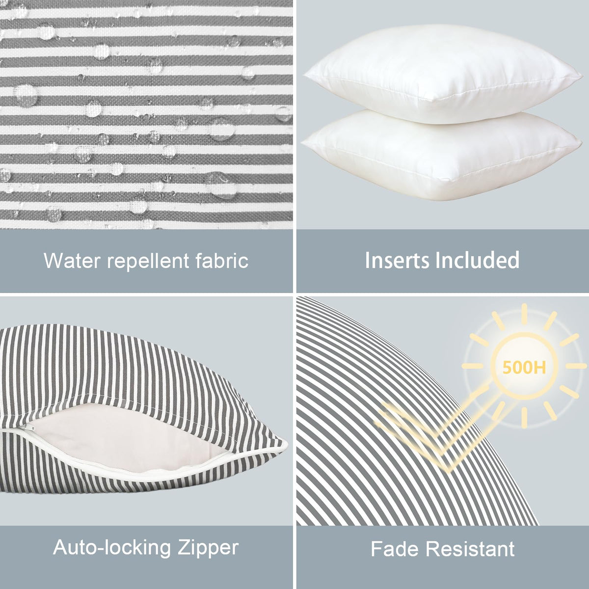 LVTXIII strip-grey outdoor-pillow pattern and piping add modern decor appeal.