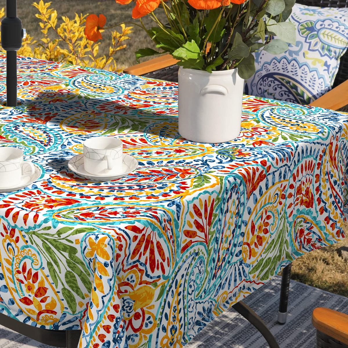 Durable polyester tablecloth in packaging ready for use.