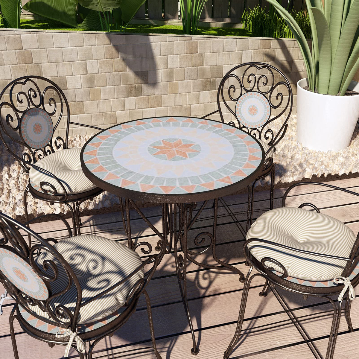 LVTXIII tufted round cushions offer dual-sided print for extended lifespan.