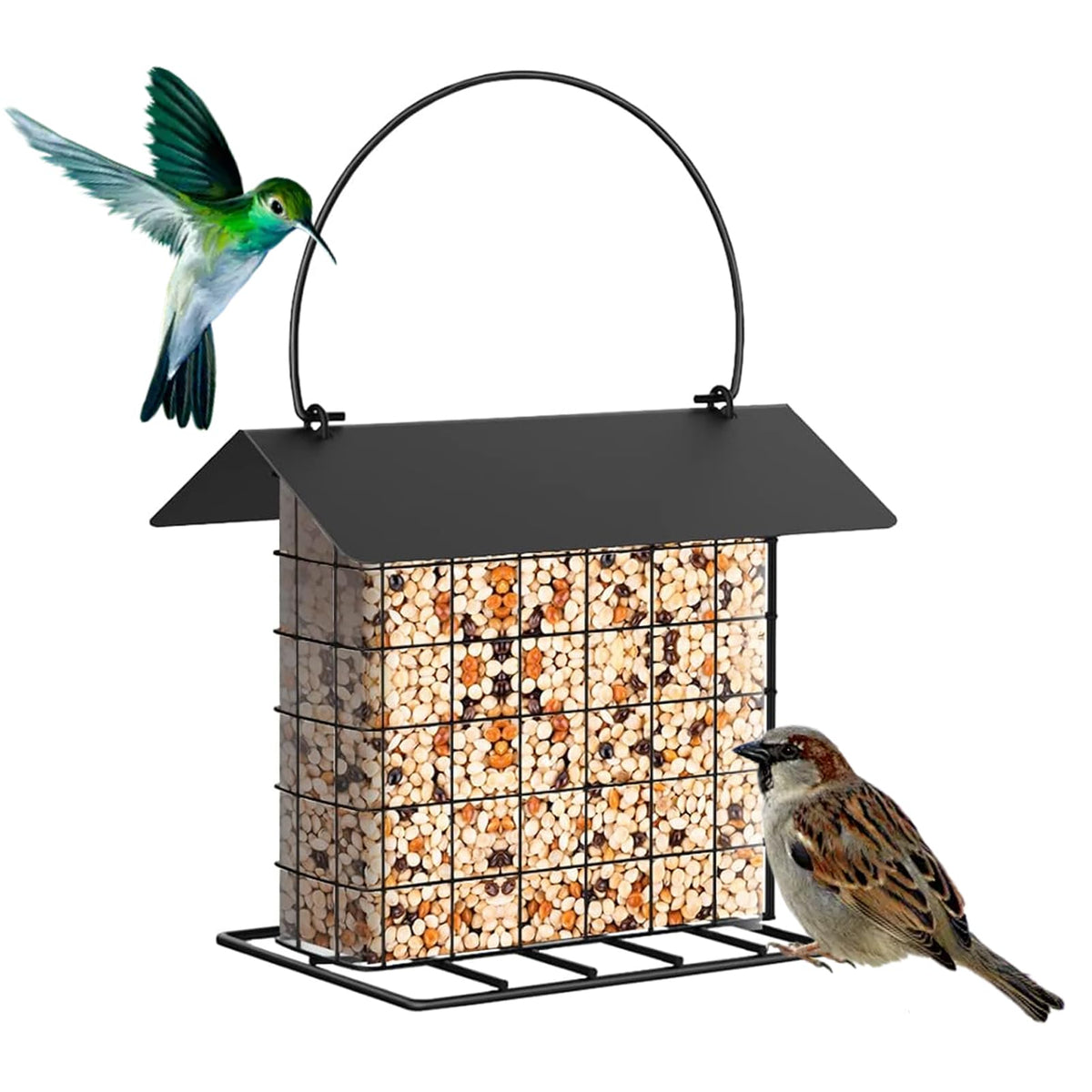 LWINGFLYER suet feeder hanging with metal roof for year-round feeding.