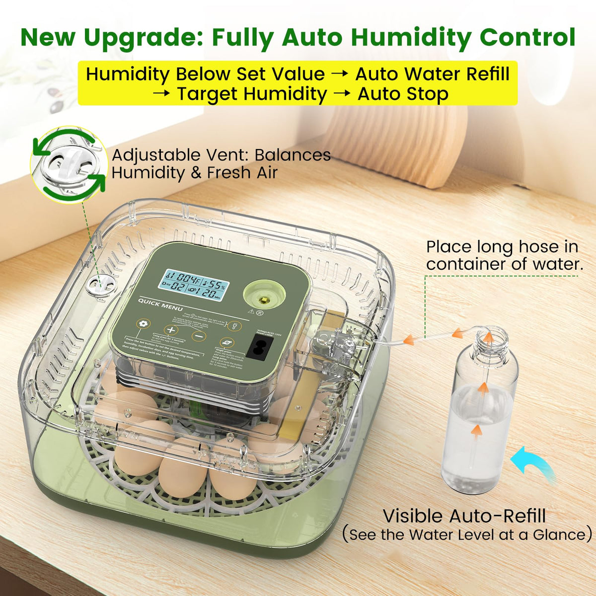 lwlaboc 12-egg incubator auto-turner rotating eggs for even heating.