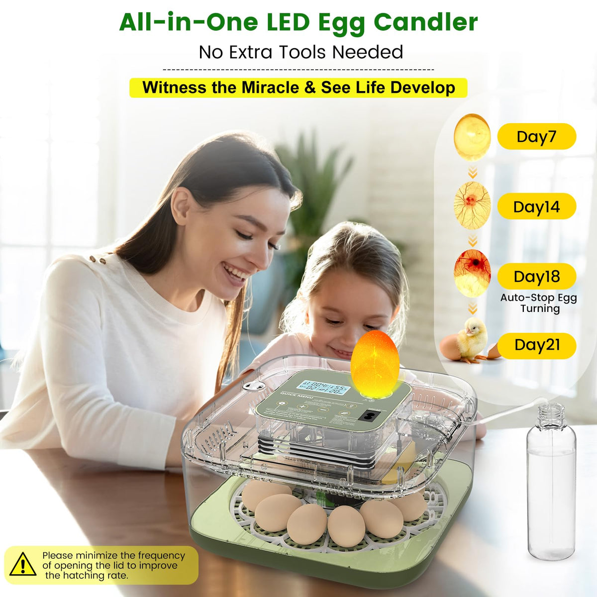lwlaboc 12-egg incubator digital display showing real-time status.