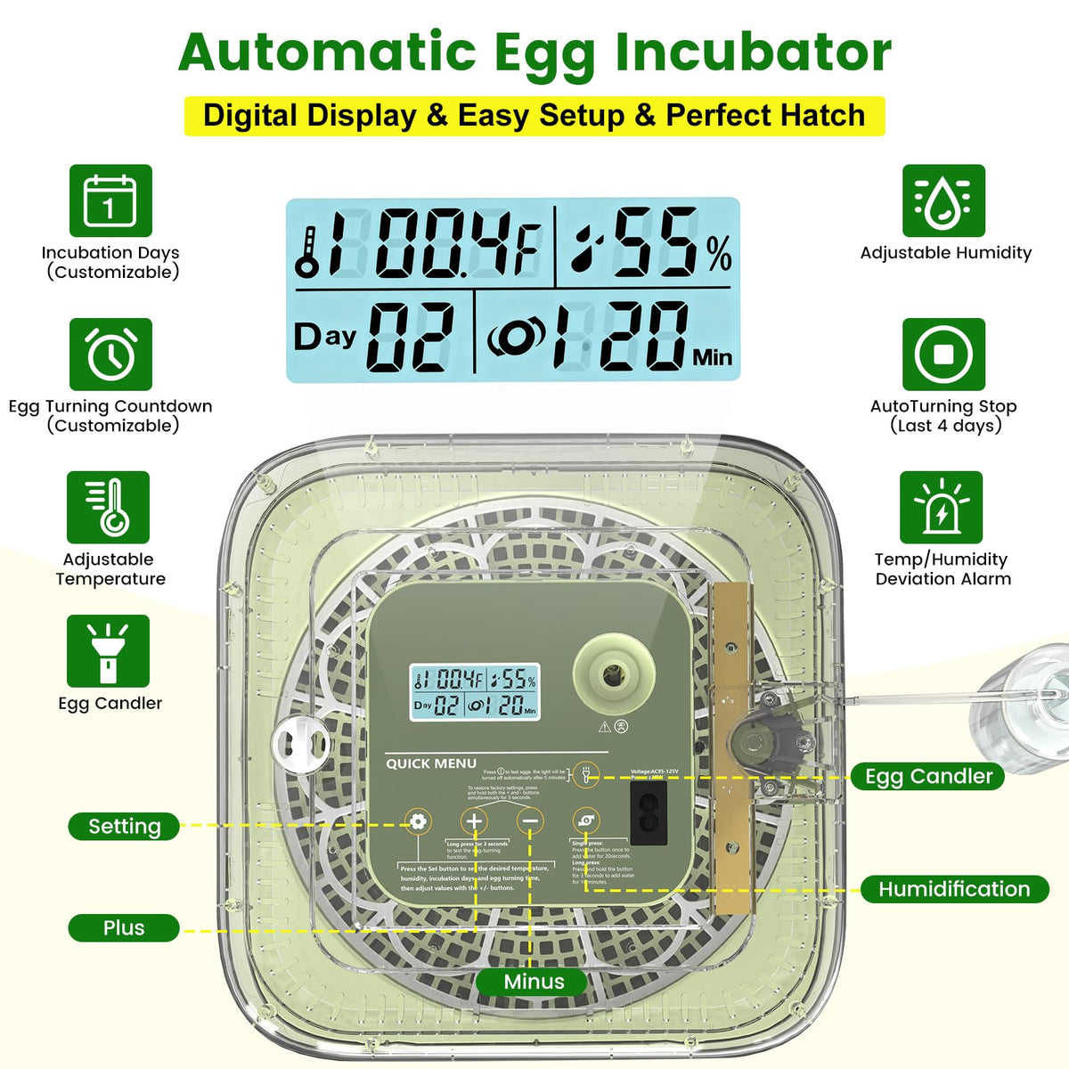 lwlaboc 12-egg incubator LED candling light and observation window.