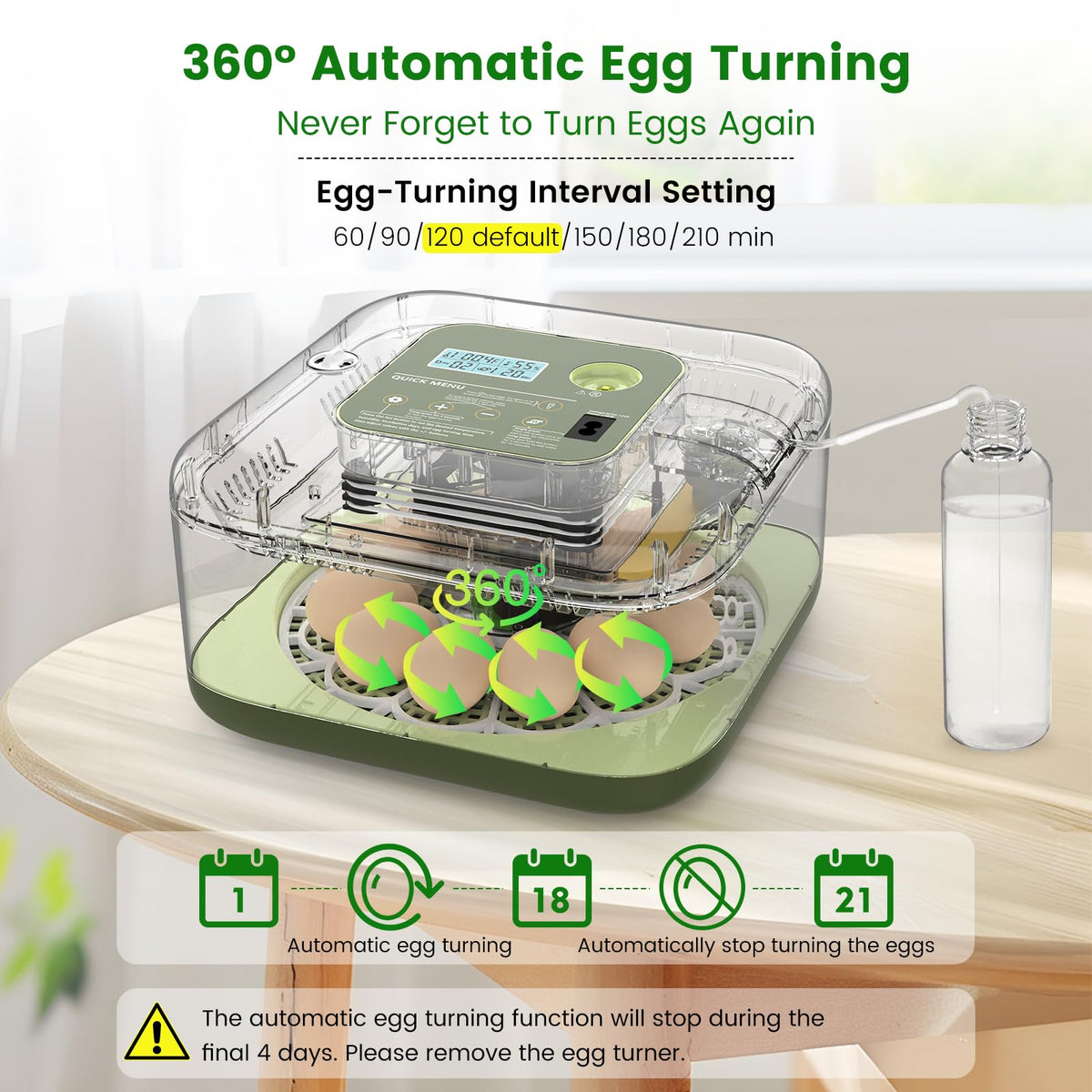 lwlaboc 12-egg incubator interior water tray enabling auto-fill and stable humidity.