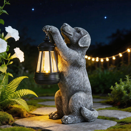LXOUMEI solar dog lantern statue glowing at dusk for garden ambiance