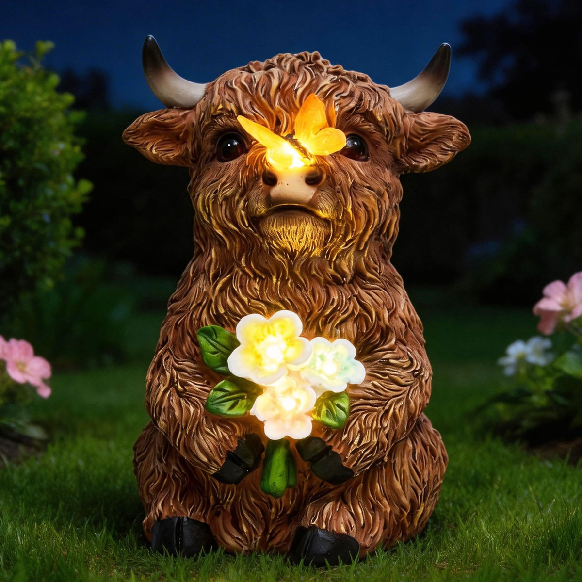 LXOUMEI Solar Highland Cow with butterfly on nose, perfect for magical garden evenings