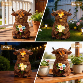 LXOUMEI Highland cow statue with illuminated flowers brightening the garden