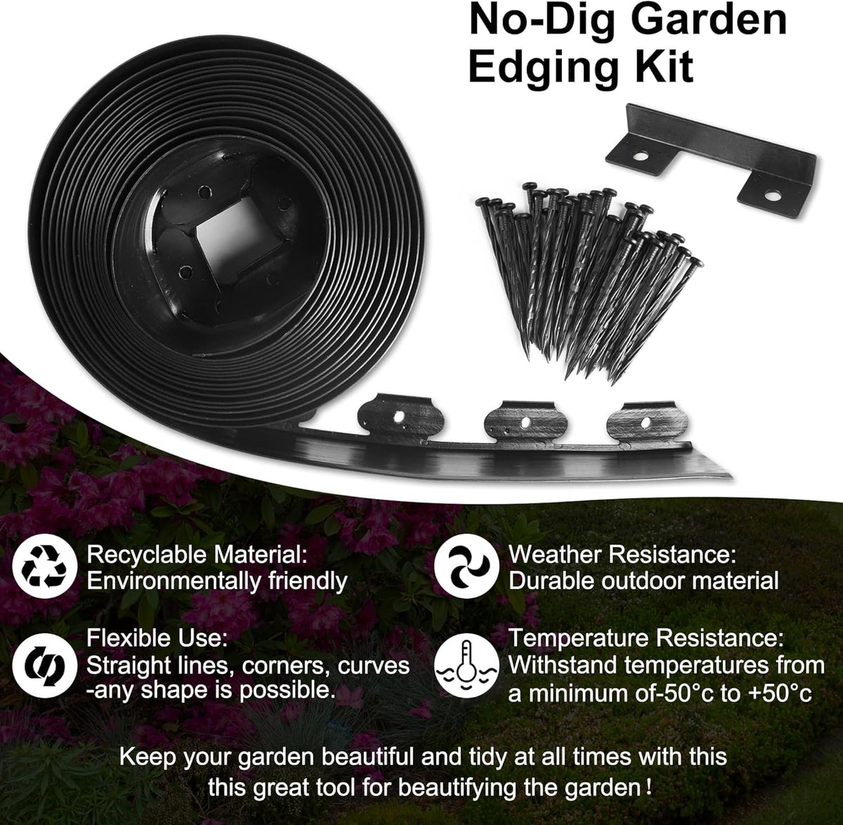 LXS reinforced ground stakes provide stable edging on uneven soil.