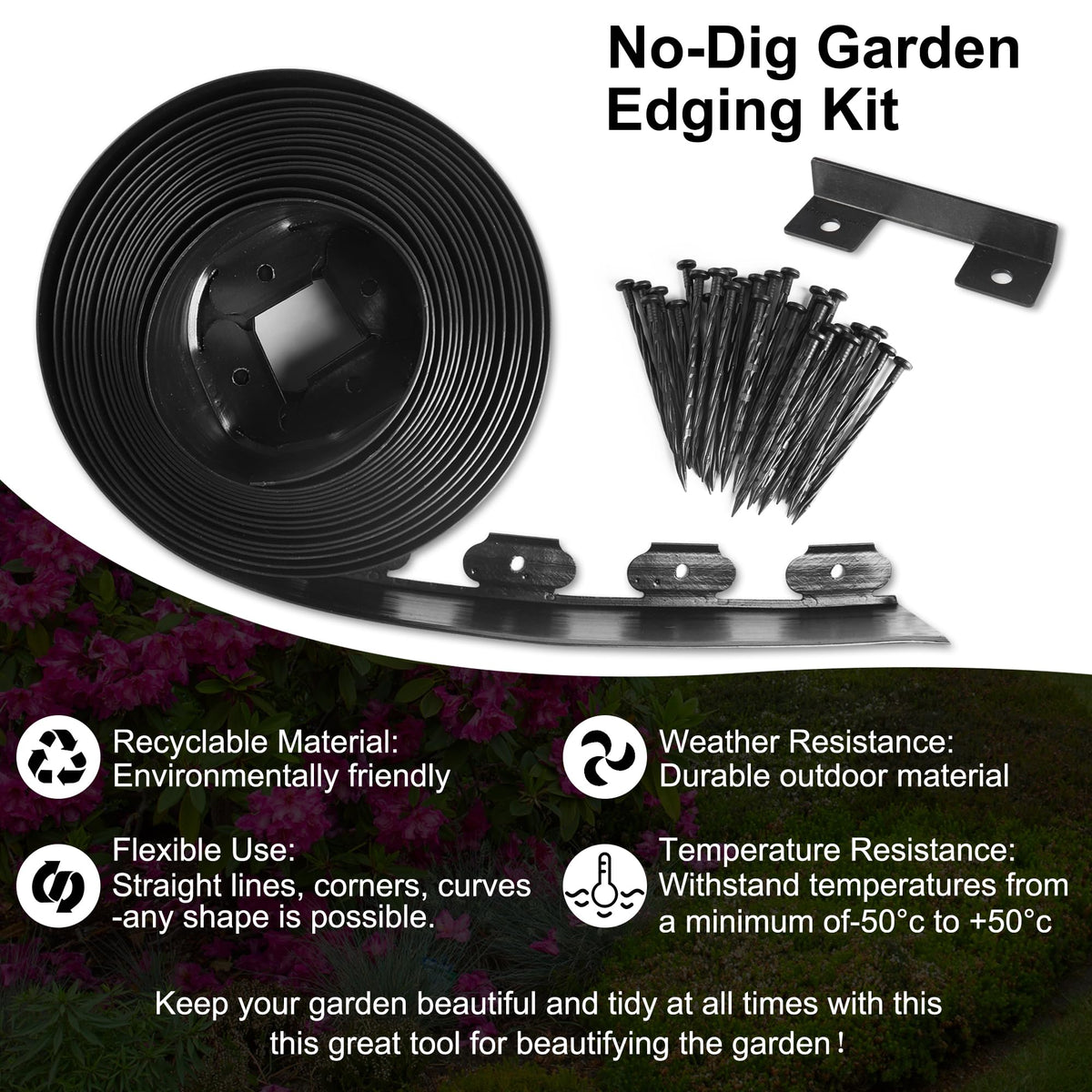 LXS Landscape Edging with 30 spikes ensures secure ground anchoring.