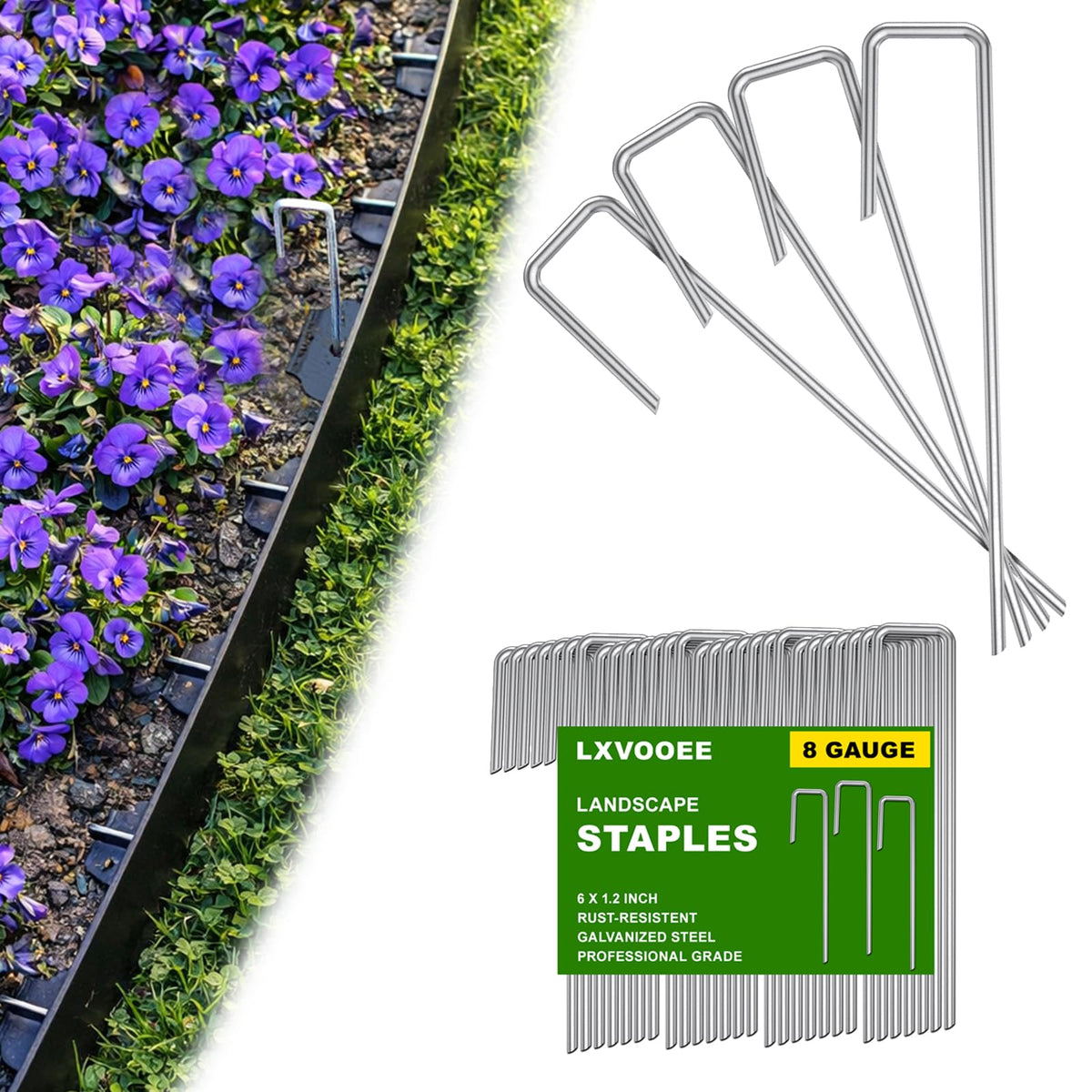 LXVOOEE 8-gauge landscape stake pack with 6-inch height for durable outdoor edging and easy installation.