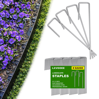 LXVOOEE 8-gauge landscape stakes 6-inch pack for durable edging and soil stability.